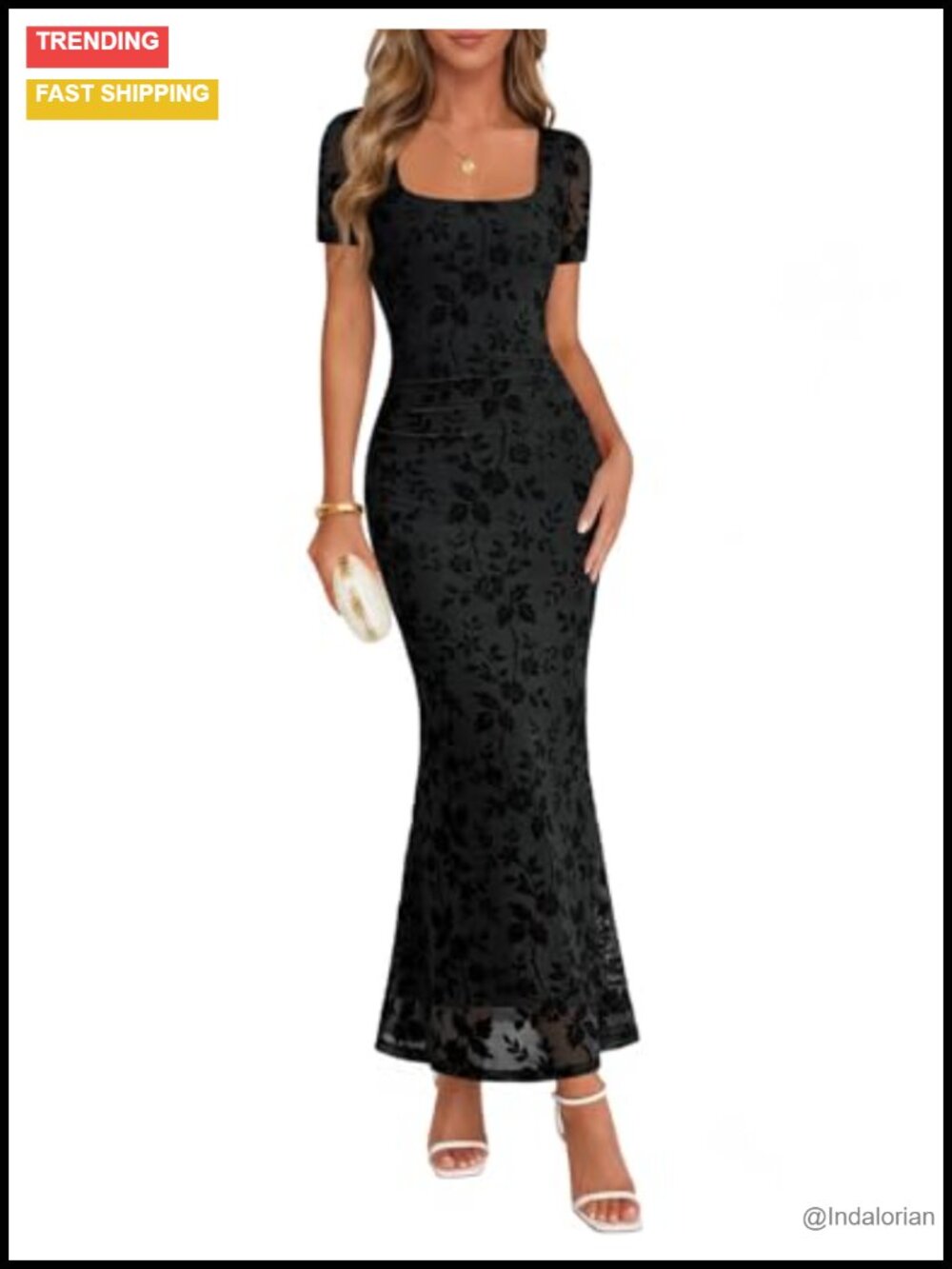 Women's Floral Mesh Maxi Dress Square Neck Sheer Sleeve Wedding Guest